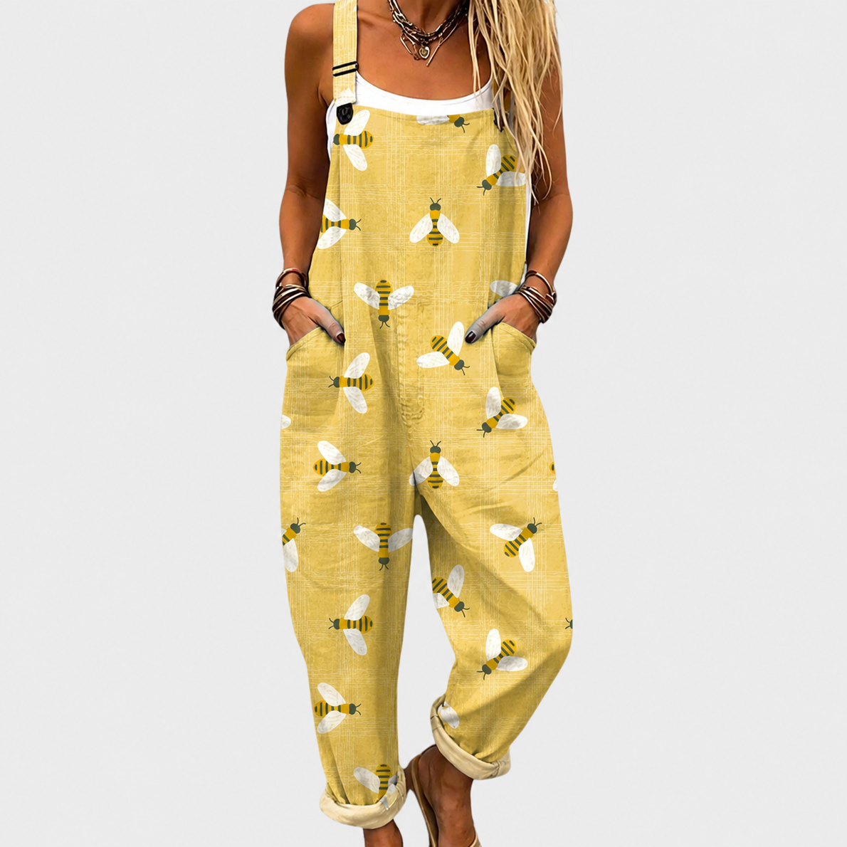 Bee Print Square Neck Pocket Wide Leg Overall Jumpsuit