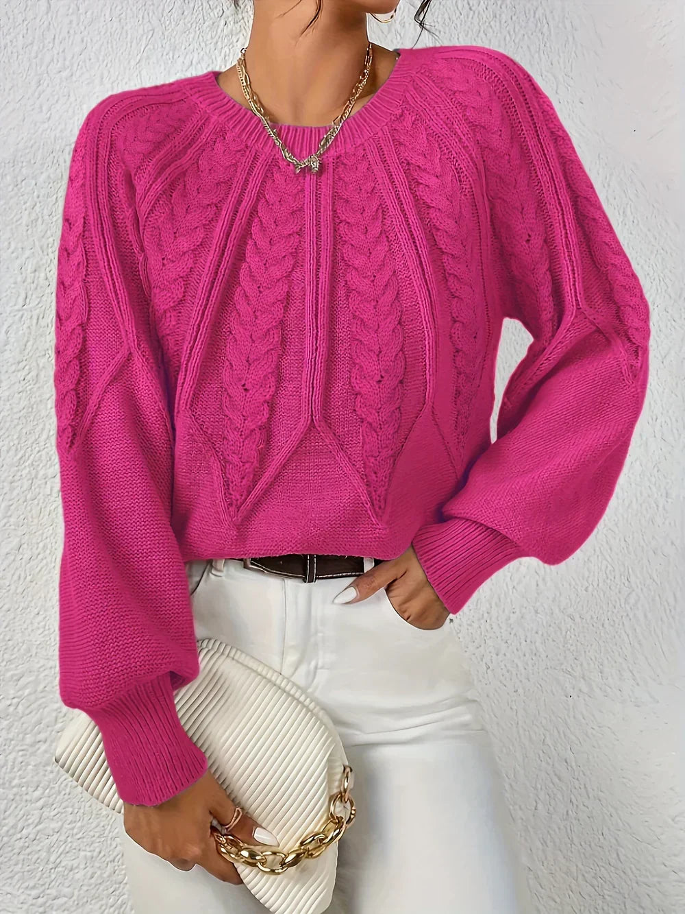 Crew Neck Cable Knit Long Sleeve Sweater