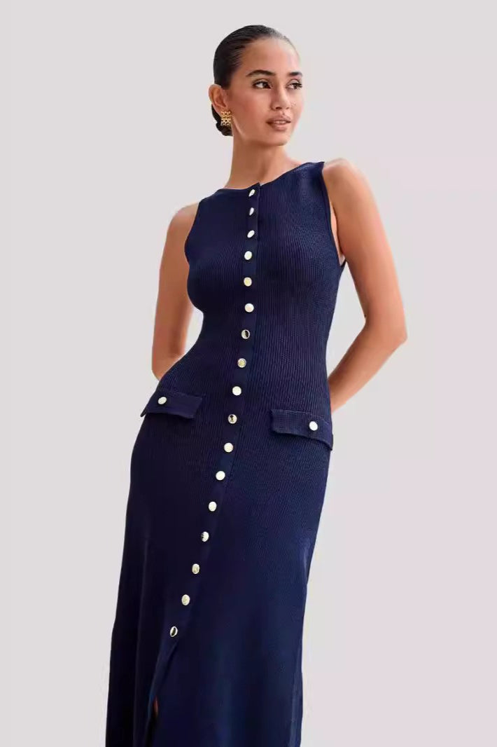 Buttoned Edition Crewneck Sleeveless Knit Bodycon Maxi Sweater Dress