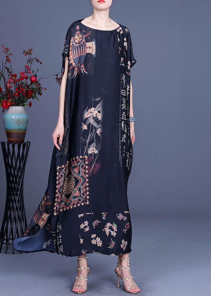 Floral Calligraphy Print Short Sleeve Kaftan Maxi Dress