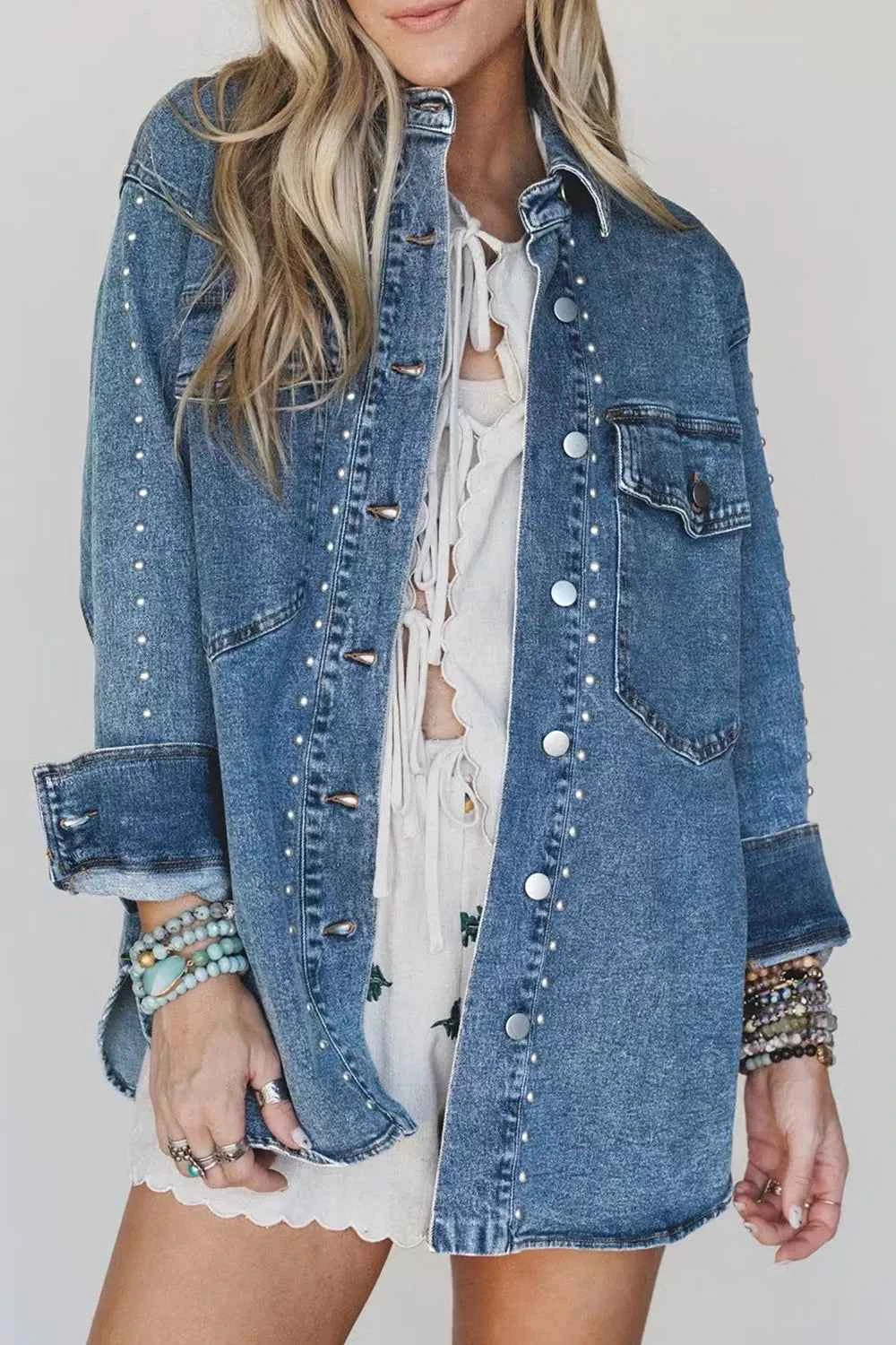 Studded Button Front Chest Pocket Oversized Denim Shirt Jacket