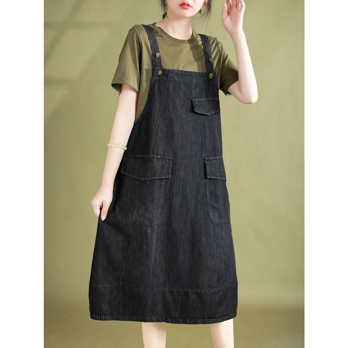 Sleeveless Denim Pinafore Flap Pocket Button Strap Midi Dress