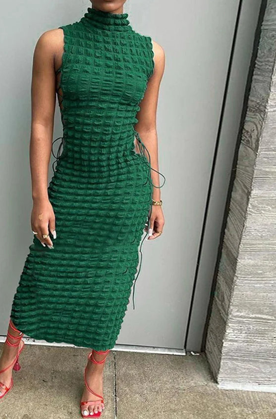 Mock Neck Sleeveless Lace Up Side Textured Bodycon Midi Dress