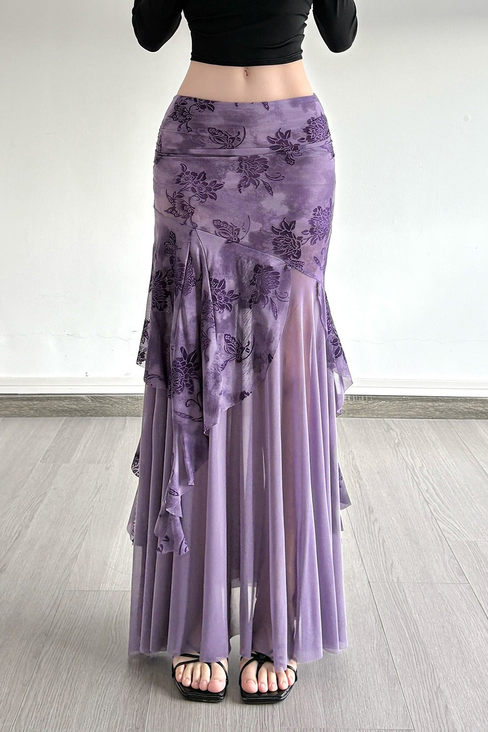 Floral Print Mesh Ruched Asymmetric Ruffle Mermaid Maxi Skirt