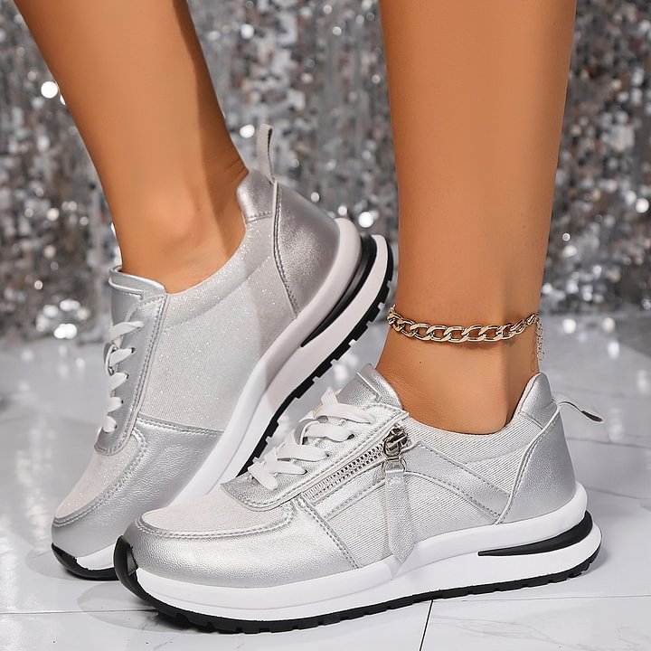 Lace Up Side Zip Glitter Platform Sneakers