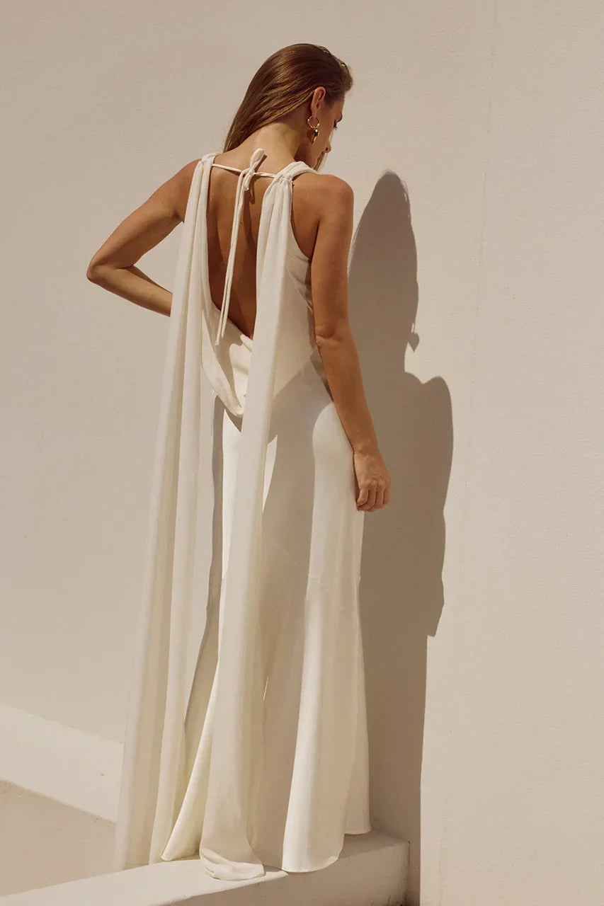 Satin Cowl Neck Sleeveless Draped Back Cape Maxi Dress 4
