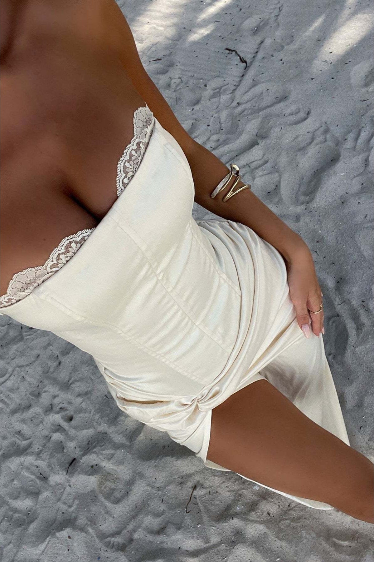 Satin Kink Detail Slit Maxi Dress in White - View 5