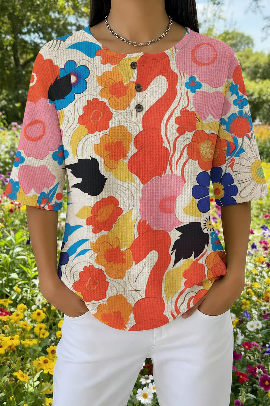 Womens Colorful Pop Art Floral Print Casual Waffle Cotton Shirt
