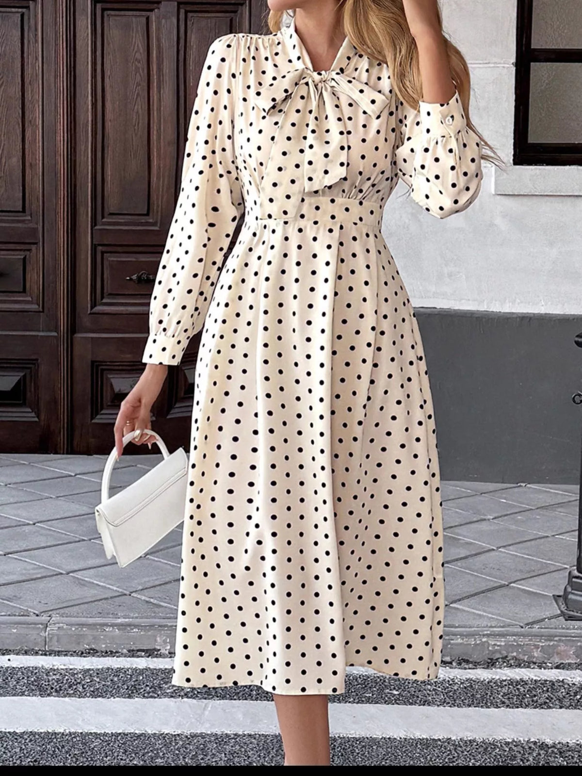 Polka Dot Bow Tie Neck Long Sleeve Pleated A-Line Midi Dress 5