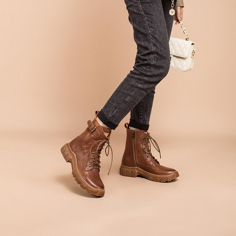 Full grain leather Combat Boots Designer Retro Chunky Riding Boots Side Zip Brown/Black