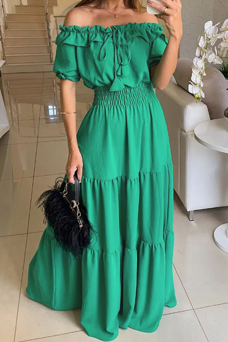 Off Shoulder Ruffle Smocked Waist Tiered Maxi Dress