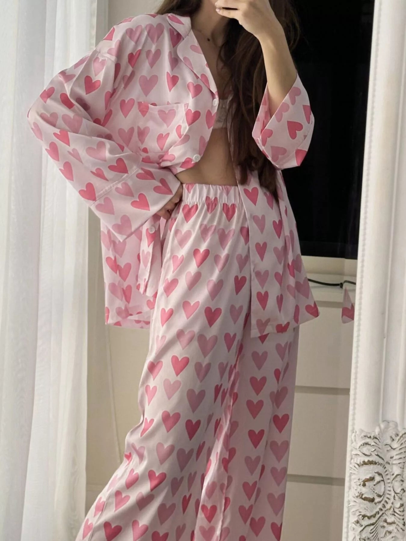 Heart Print Button Up Top and Pants Lounge Set