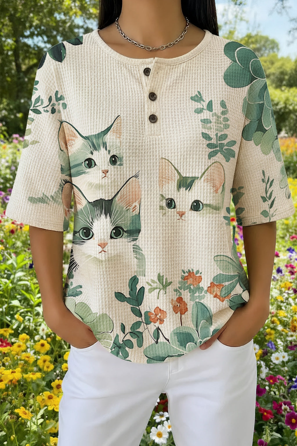 Cat Floral Print Waffle Knit Button Neck Short Sleeve Top