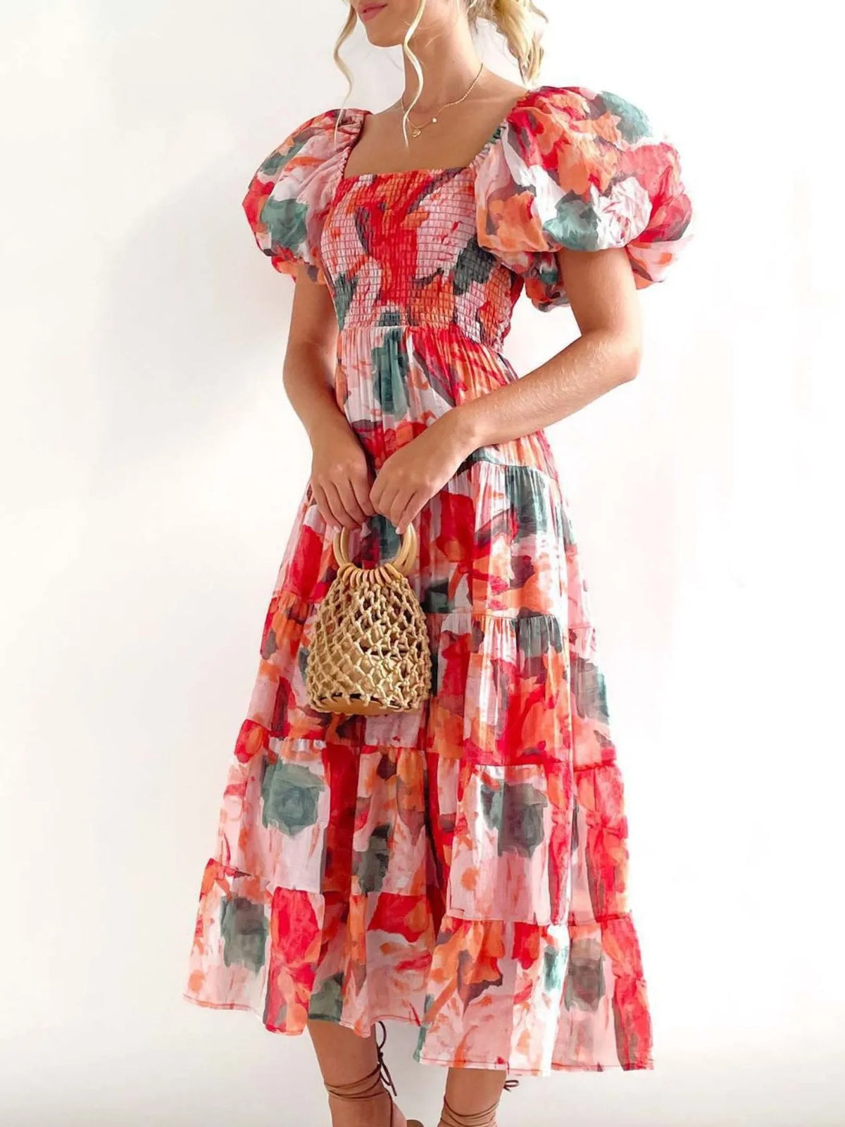 Floral Off Shoulder Smocked Puff Sleeve Tiered Maxi Dress 5