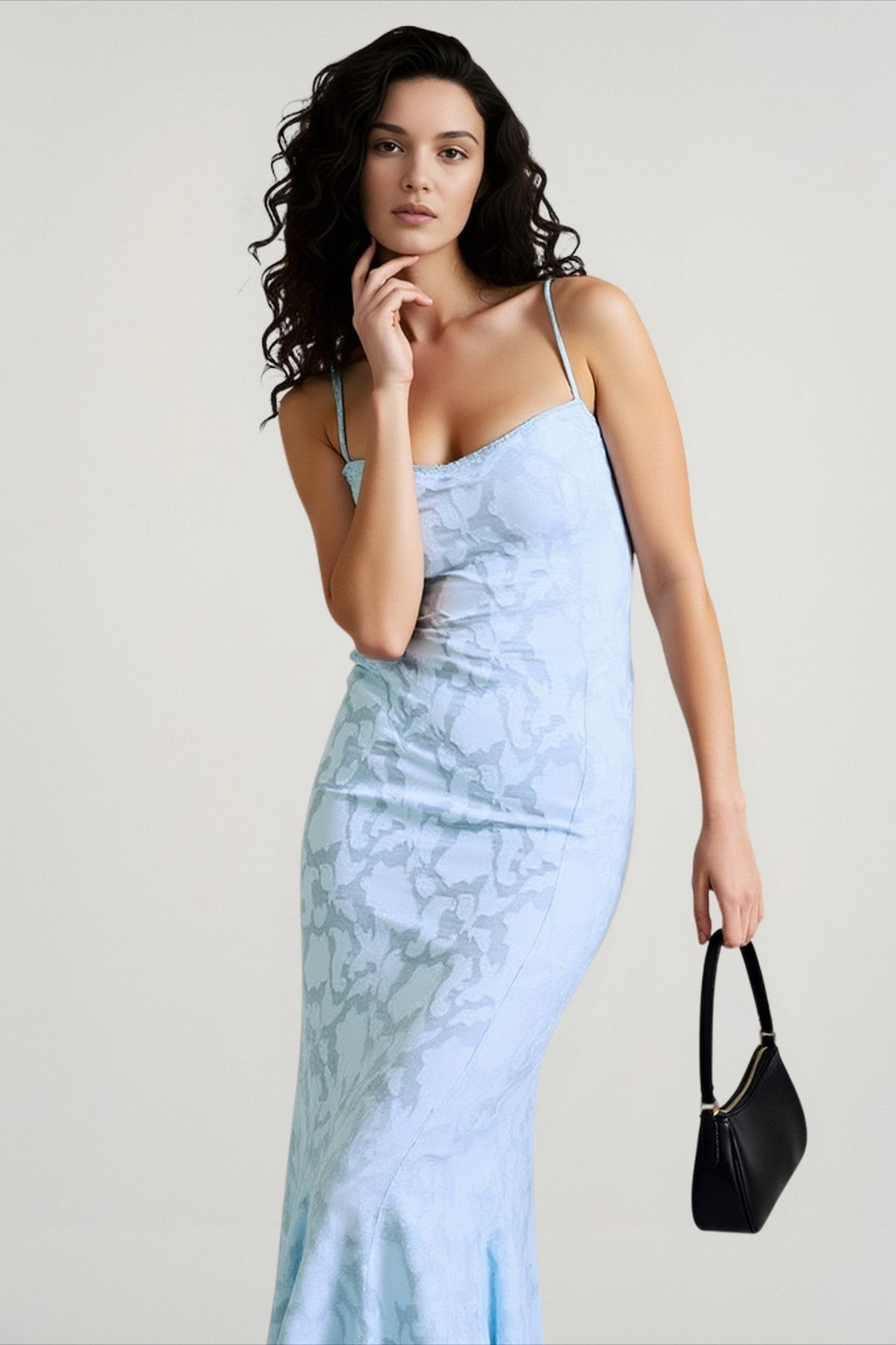 Floral Lace Spaghetti Strap Beaded Trim Bodycon Mermaid Maxi Dress 3