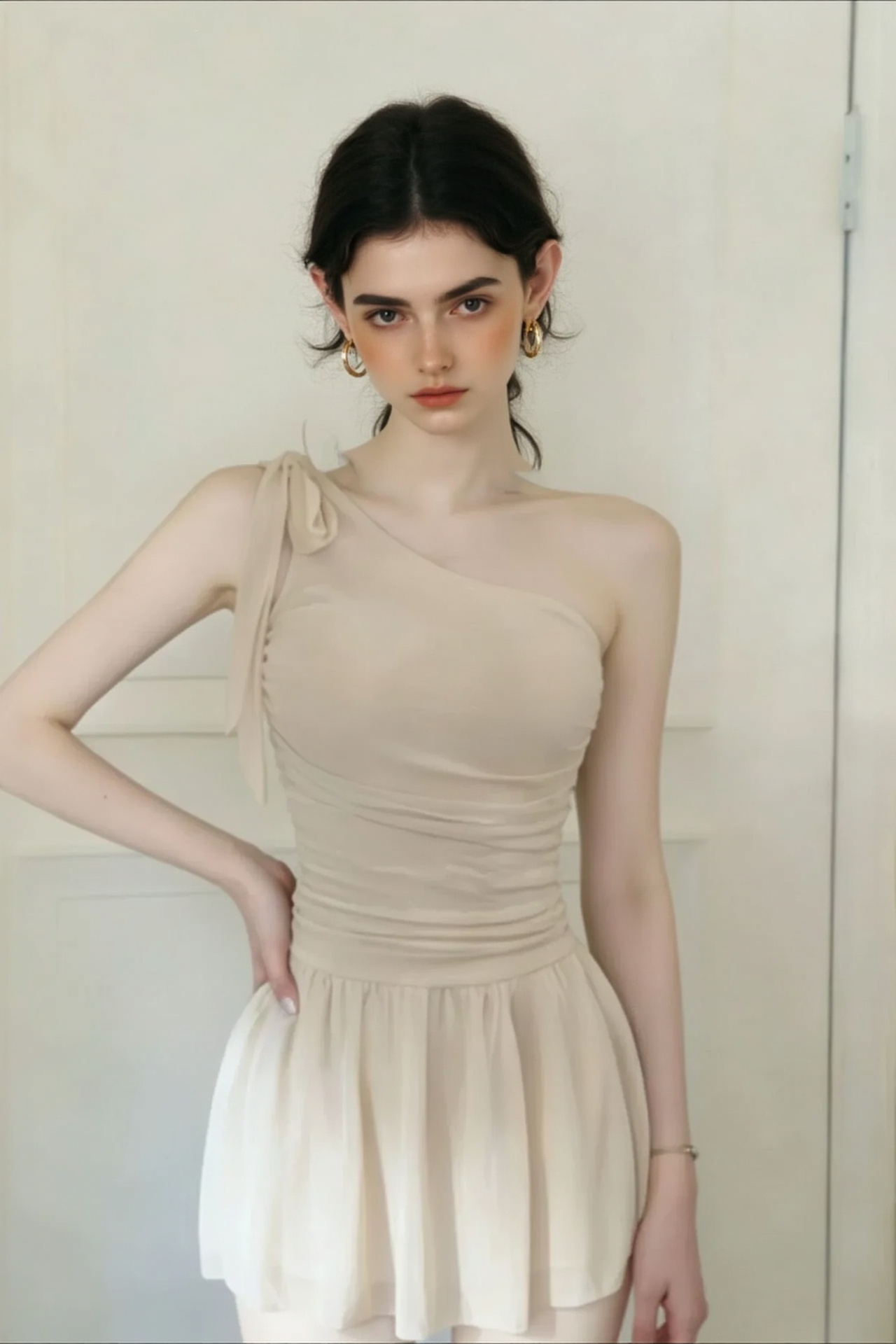 Romantic Solid Waist Cinch One Shoulder Bow One Piece Swimwear