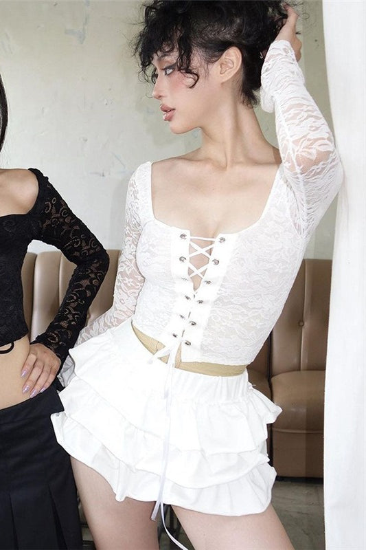 Square Neck Tie Front Cardigan Crop Top