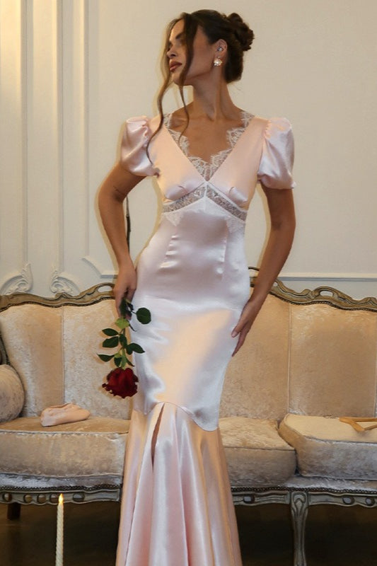 V-Neck Lace Panel Short Sleeve Slit Mermaid Lace Dress