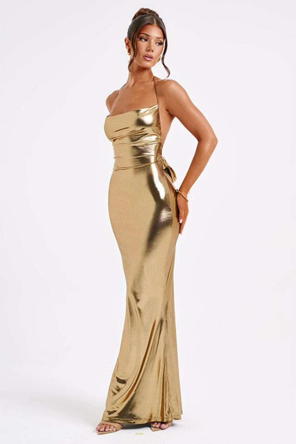 Metallic Spaghetti Strap Ruched Bodycon Fishtail Maxi Dress