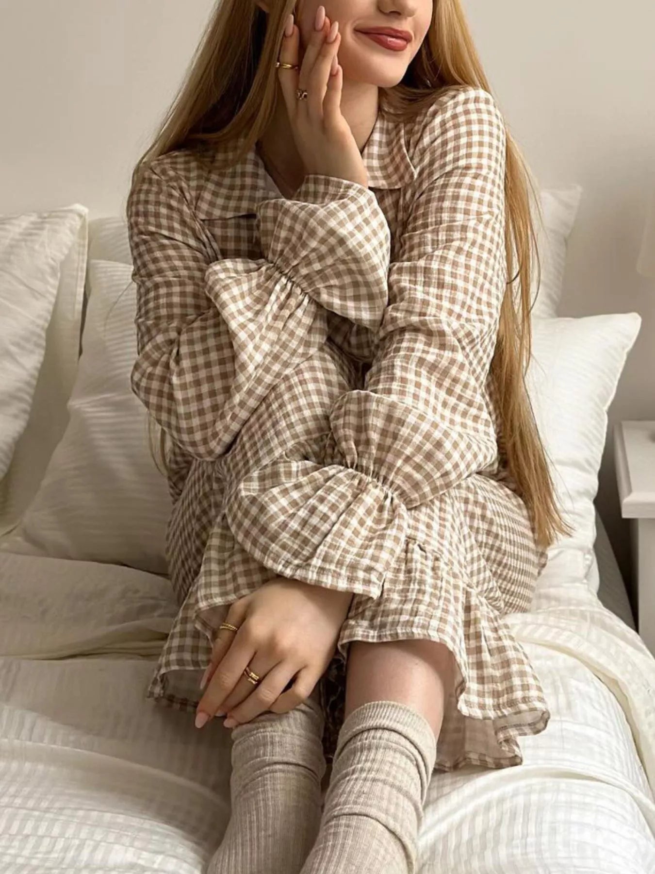 Gingham Ruffle-Trim Top and Pants Lounge Set