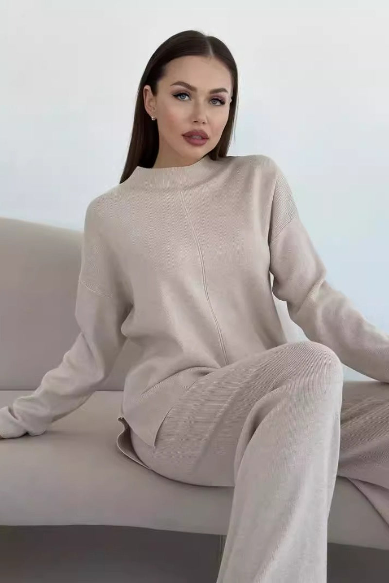 Mock Neck Front Seam Side Slit Sweater and Wide Leg Pants Two Piece Set