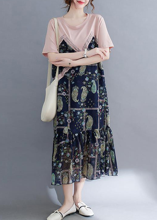 Faux Two Piece Paisley Patchwork Lace Trim Ruffle Hem Midi Dress