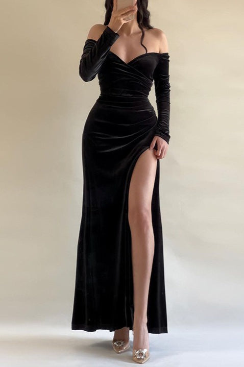 Off Shoulder HighSlit Velvet Formal Dress