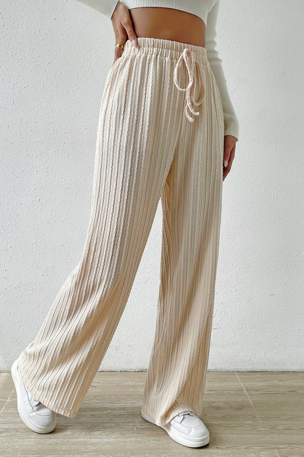 Elastic High Waist Drawstring Cable Textured Knit Wide Leg Pants