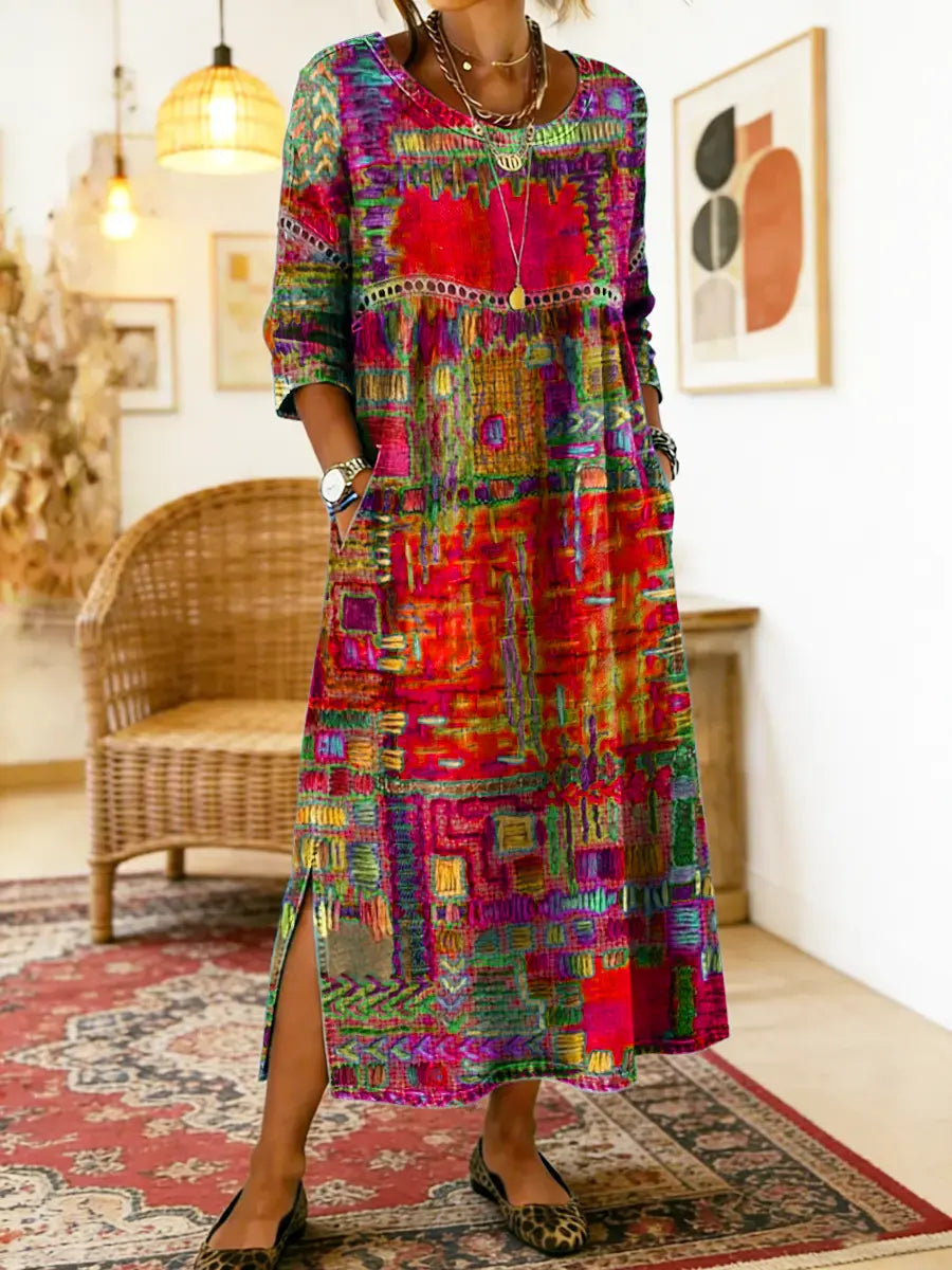 Patchwork Print Round Neck Pocket A-Line Maxi Dress