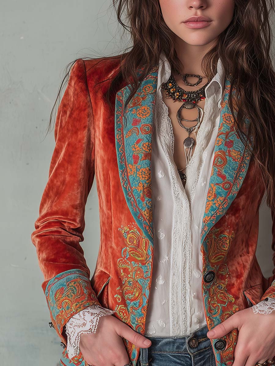 Paisley Print Velvet Peak Lapel Single Button Blazer 3