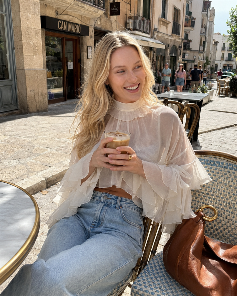Chiffon Tiered Ruffle Long Sleeve Crop Blouse