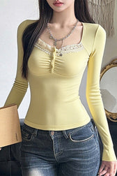Retro Ribbed Lace Long Sleeve Top