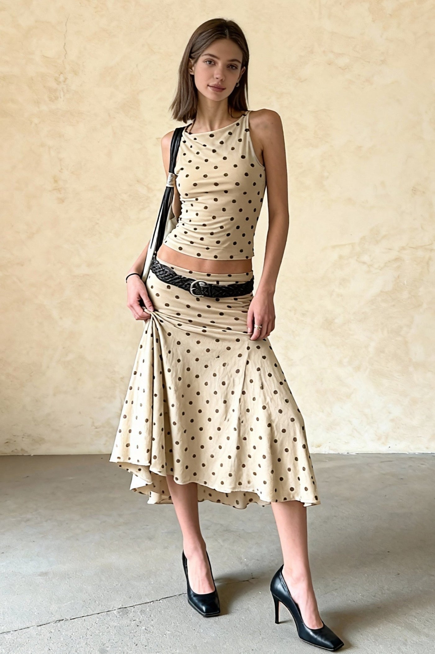Polka Dot Ruched Maxi Two Pieces Set