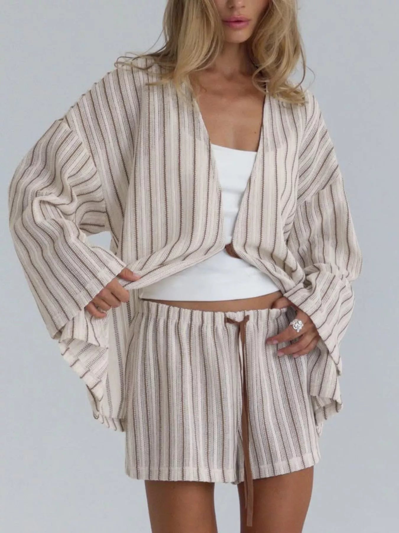Striped Tie Front Top and Shorts Lounge Set