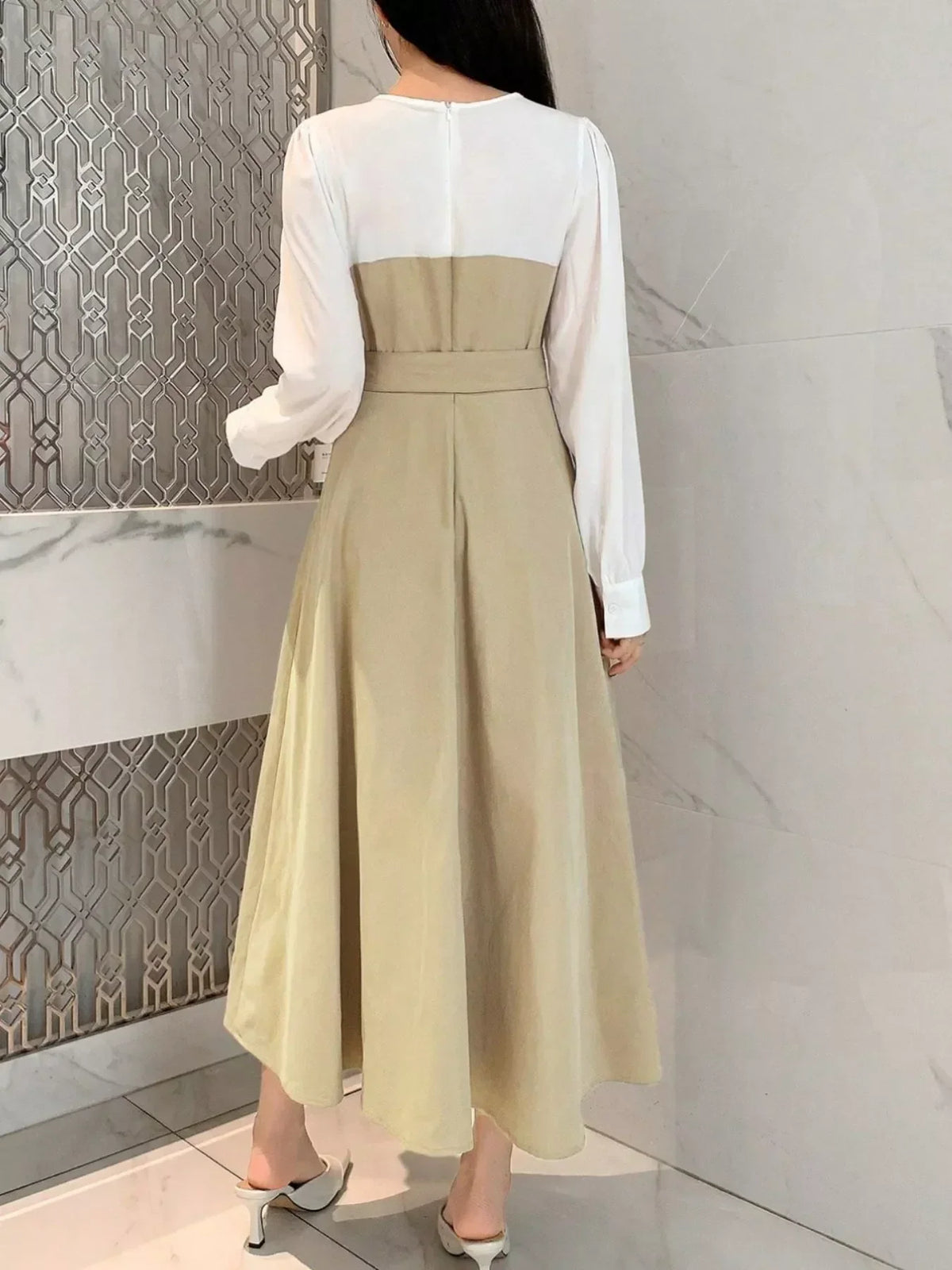 Contrast Long Sleeve Asymmetric Button Bodice Belted A-Line Midi Dress 6