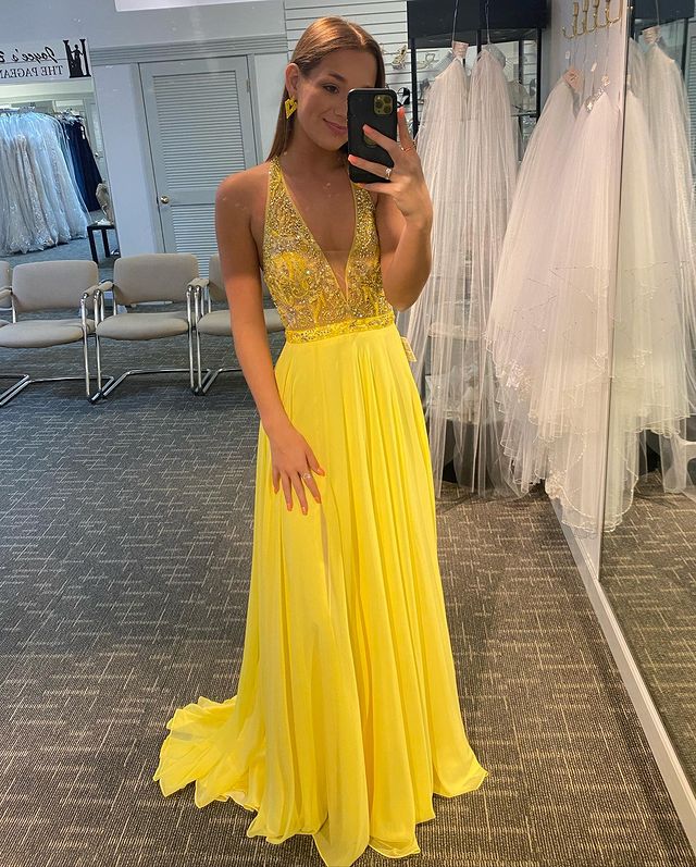 Cute A Line V Neck Straps Yellow Chiffon Prom Dresses with Beading, Split Party Dresses
