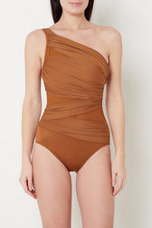 One Shoulder Solid Ruched Asymmetric High Waist One Piece Swimwear