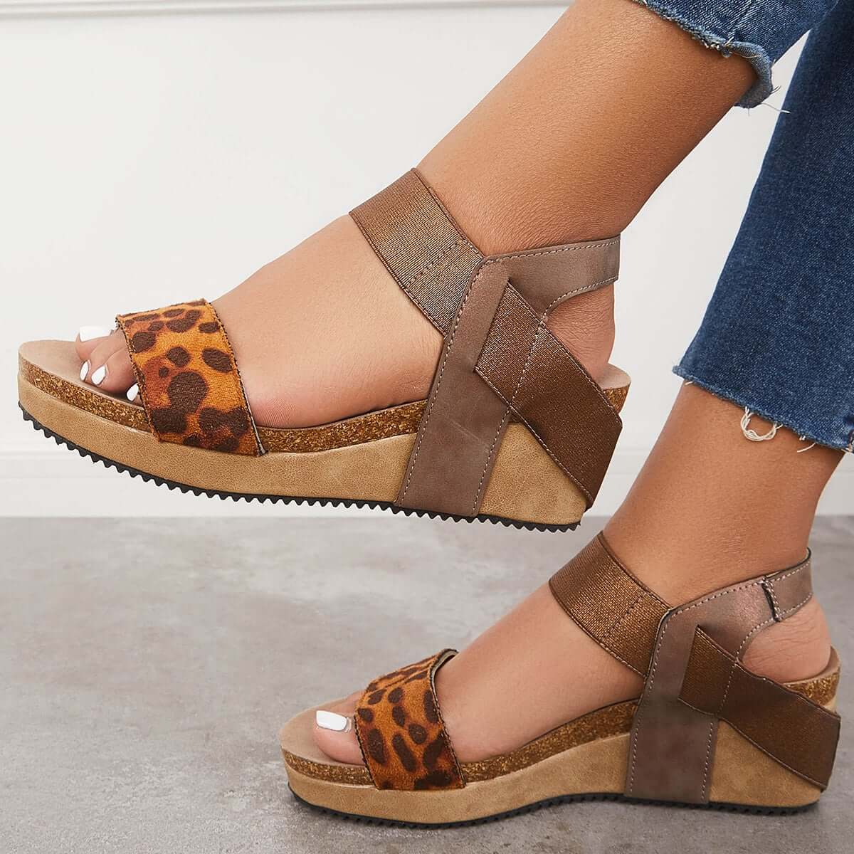Open Toe Cork Footbed Platform Wedges Ankle Strap Sandals