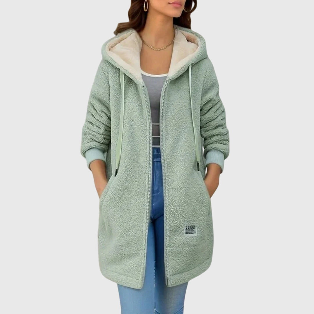 Hooded Zip Front Sherpa Fleece Longline Jacket