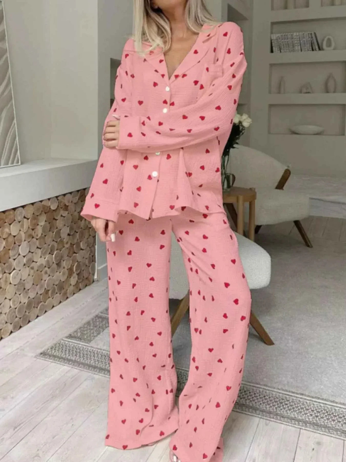 Heart Print Textured Button Front Shirt and Wide Leg Pants Two Piece Set 5