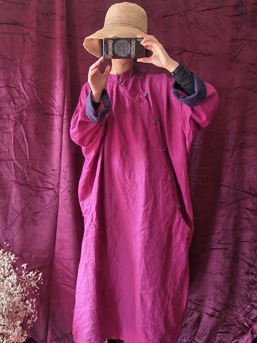 Mandarin Collar Long Sleeve Side Button Oversized Shirt Maxi Dress
