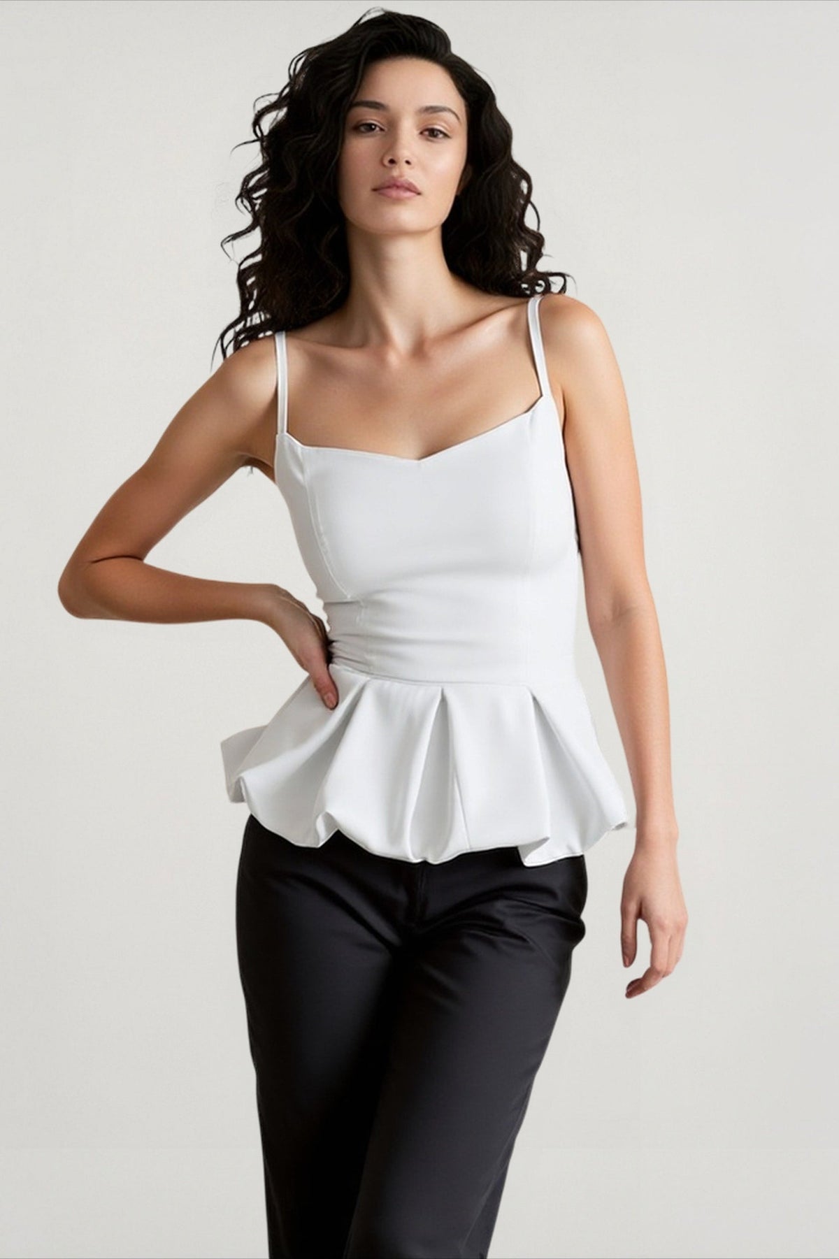 Satin Sweetheart Neck Pleated Peplum Hem Spaghetti Strap Cami Top