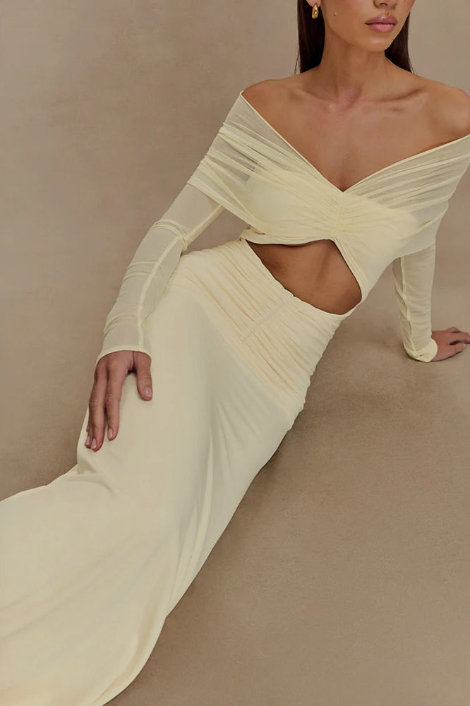 Mesh Patchwork See Through Full Sleeve Slash Neck Maxi Dress 4