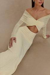 Mesh Patchwork See Through Full Sleeve Slash Neck Maxi Dress 4