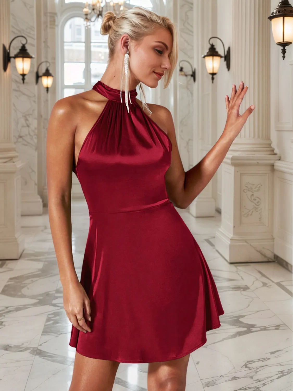 Satin Grecian High Neck Halter Sleeveless Fit and Flare Mini Dress 9