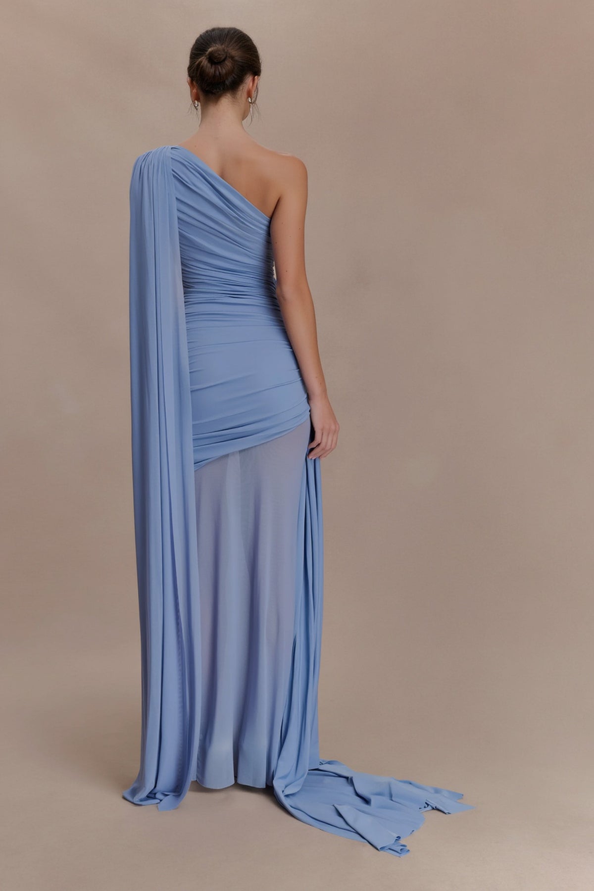 One Shoulder Ruched Sheer Mesh Skirt Cape Drape Maxi Gown 2