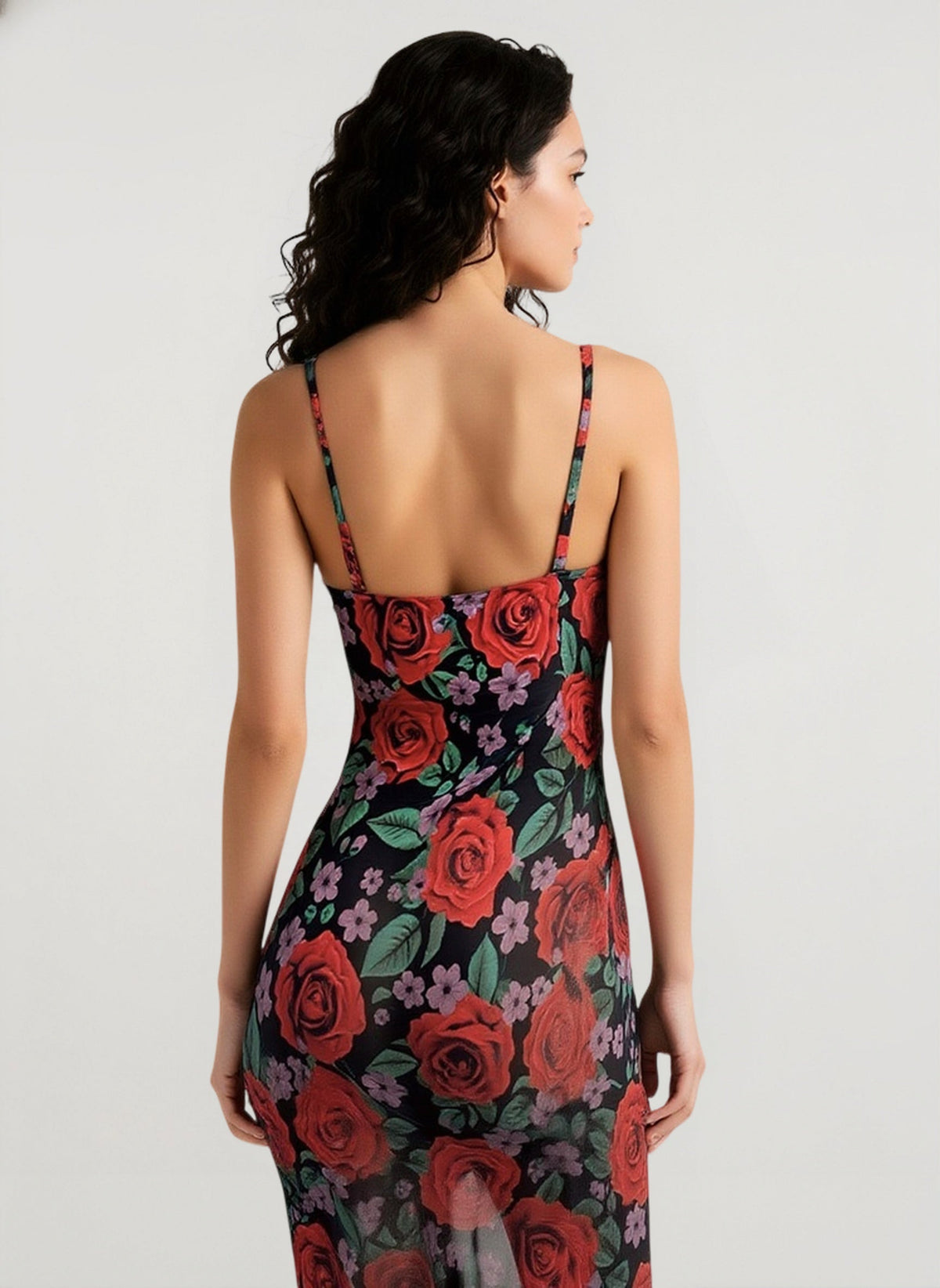 Rose Floral Print Mesh Cowl Neck Spaghetti Strap Bodycon Maxi Dress 3
