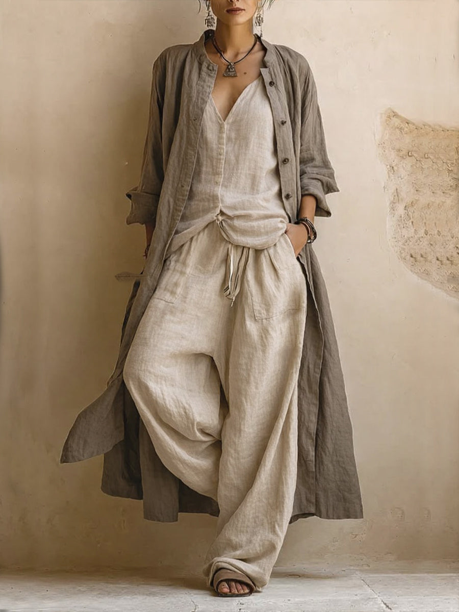 Long Duster Sleeveless Top and Wide Leg Pants Three Piece Set
