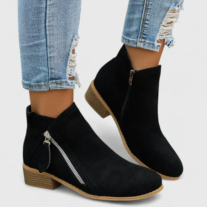 Side Zip Pointed Toe Stacked Block Heel Ankle Boots