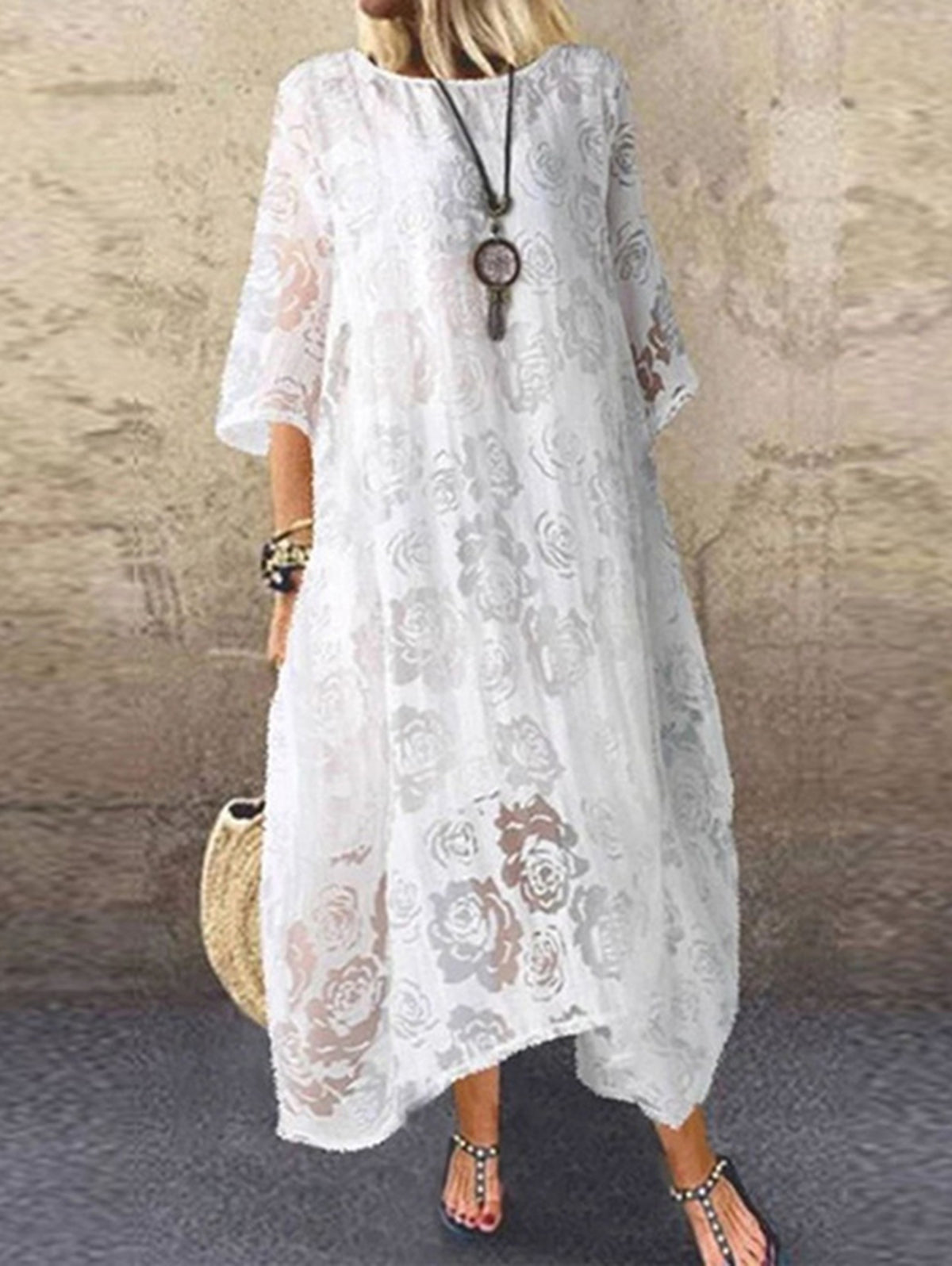 Crew Neck Half Sleeve Floral Burnout Loose Asymmetric Hem Maxi Dress